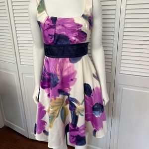 Tease Me White W/Purple Floral Print & Navy SatinTie-back Waist Sash Midi (7-jr)